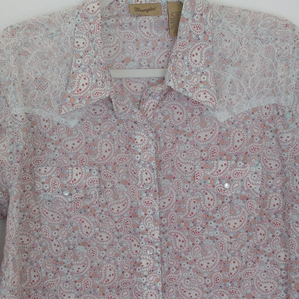 Wrangler Womens Lace Trim Pearl Snap Button Up Shirt Sz XL White Paisley Western - Picture 2 of 6